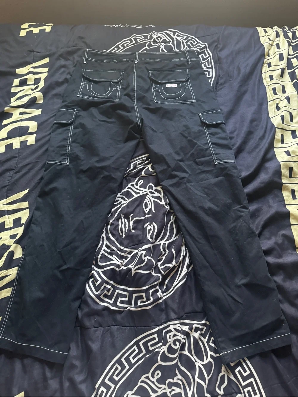 True Religion Black Cargo Pants with White Contrast Stitching